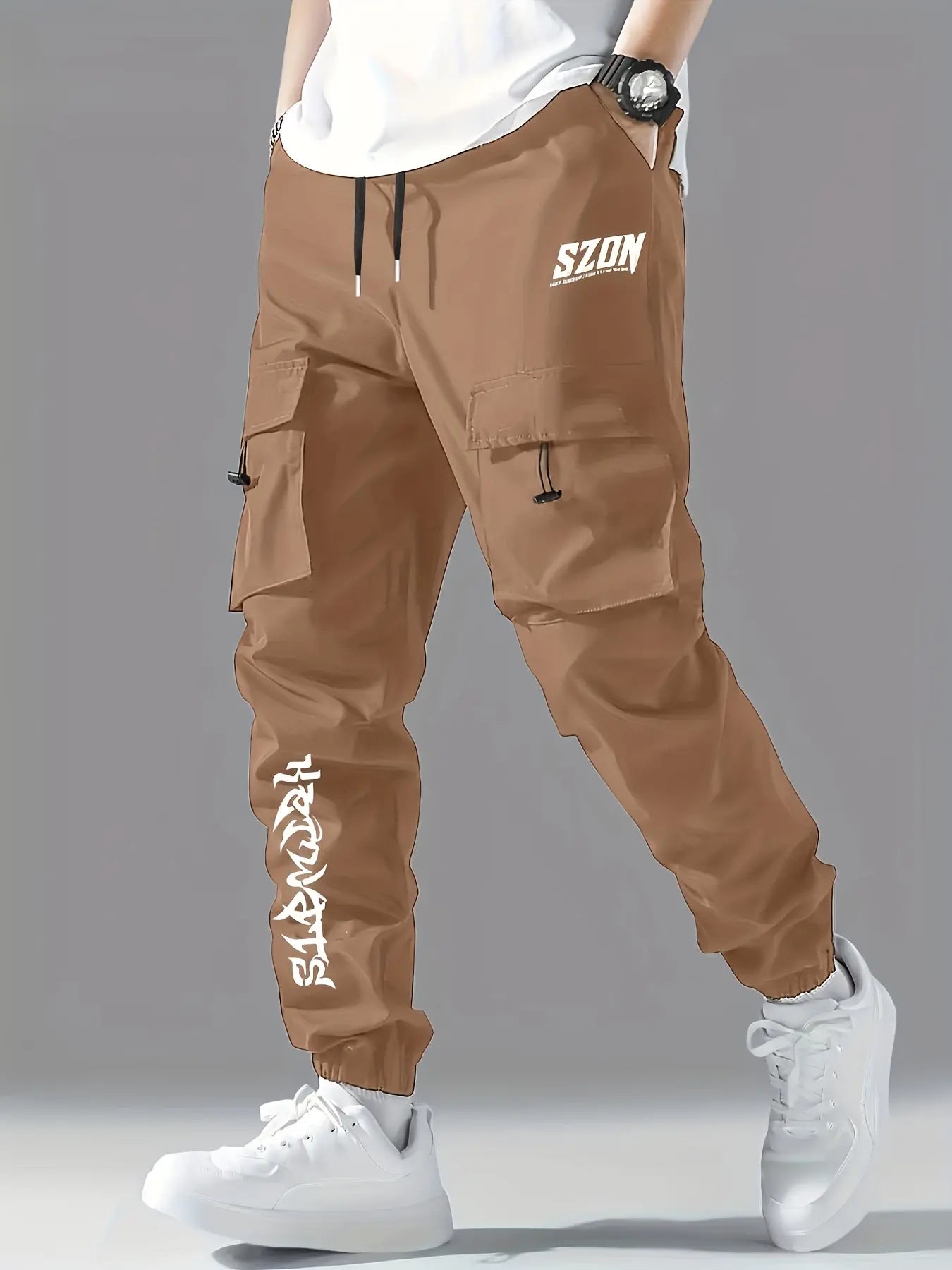 Men'S Casual Letter Print Multi-Pocket Cargo Pants Menswear Pantalones Para Hombre Mens Pants