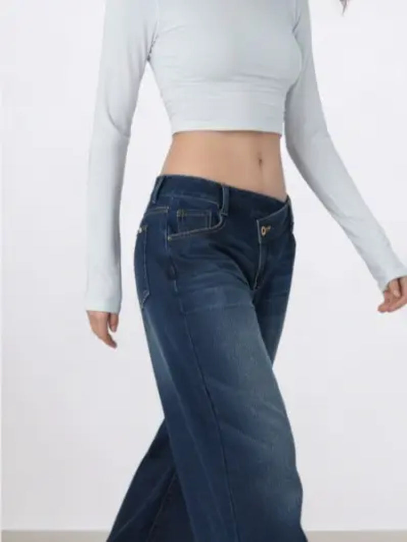 Women'S 2000S Low-Rise Loose Wide-Leg Dark Wash Denim Jeans - Fashion Trouser Pants with Sparkly Rhinestone Cable Print, Slimming Retro Flared Bottoms for Casual Enthusiasts