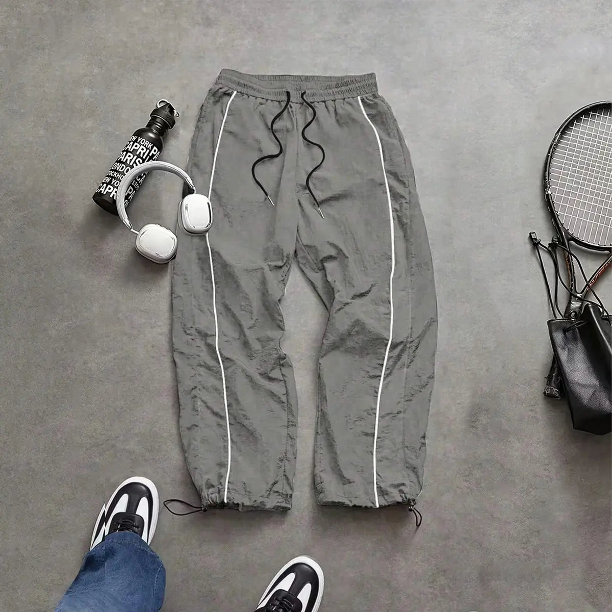 Men'S Casual Streetwear Contrast Color Sporty Long Pants, Windbreaker Pants ,Loose Fit Drawstring Cuff, Fashionable Print, Lightweight Fabric, Athleisure Style Bottoms Pantalones Para Hombre Pants for Men Cargo Pants for Men Pantalones De Trabajo Hombre O